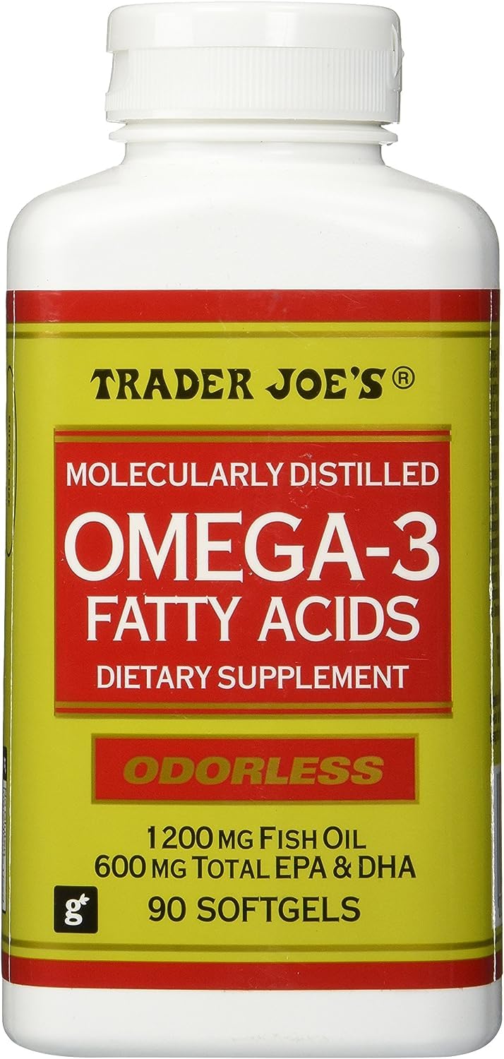 Trader Joe's Omega-3 molecularly distilled fish oil bottle with 90 odorless softgels