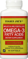 Trader Joe's Omega-3 molecularly distilled fish oil bottle with 90 odorless softgels