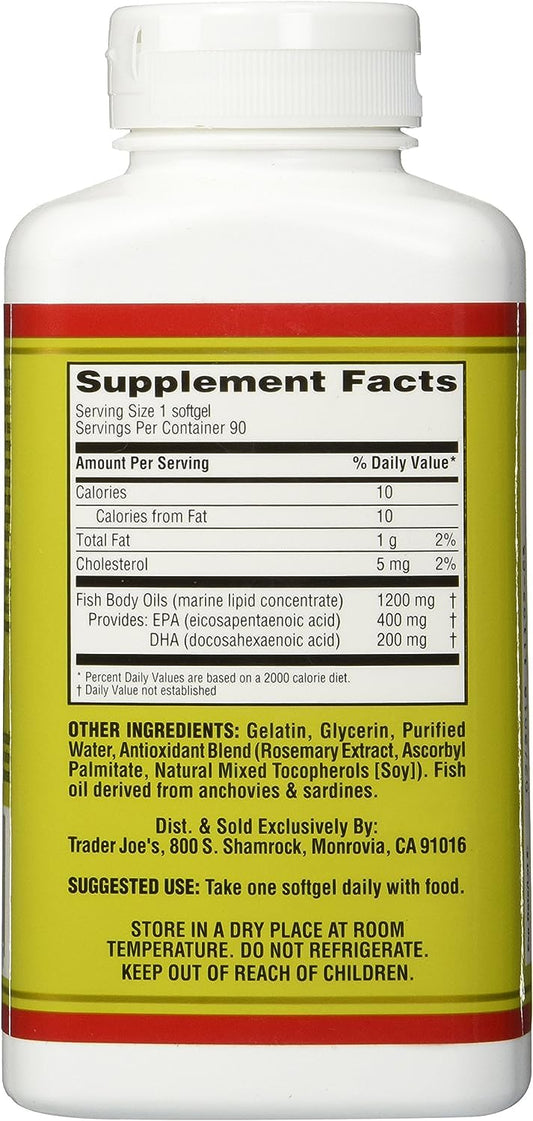Close-up of Trader Joe's Omega-3 bottle label showing 1200mg fish oil and EPA/DHA