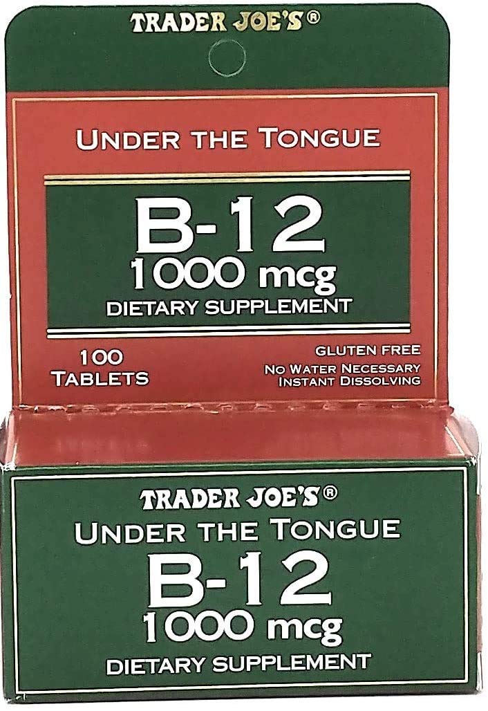Front bottle view of Trader Joe's Under The Tongue B-12 1000 mcg dietary supplement, 100 tablets
