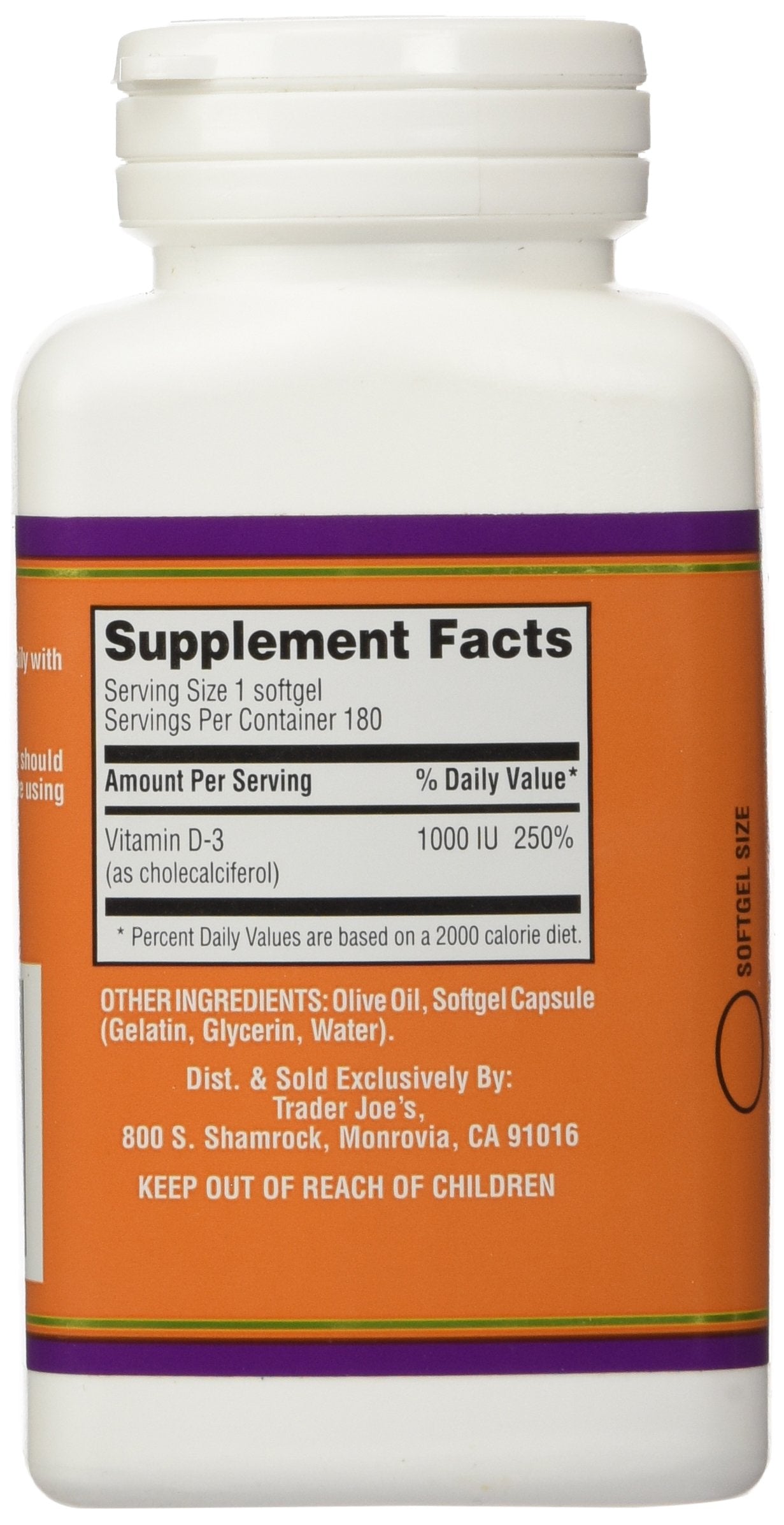 Bottle and label of Trader Joe's Vitamin D-3 1000 IU softgels