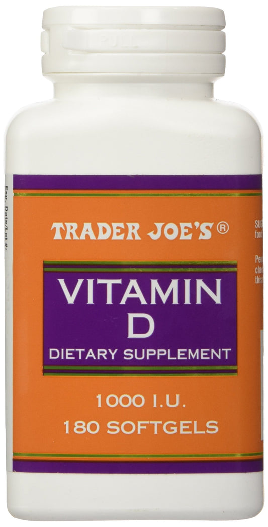 Front view of Trader Joe's Vitamin D-3 1000 IU softgels bottle