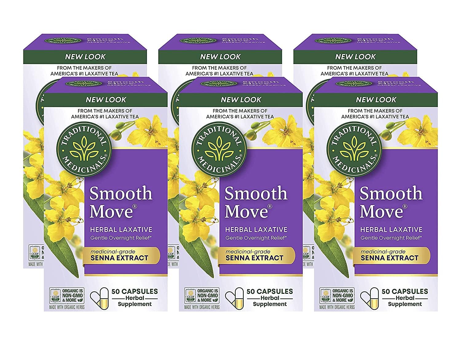 Traditional Medicinals Smooth Move capsules bottle front, suggesting gentle herbal support for occasional constipation