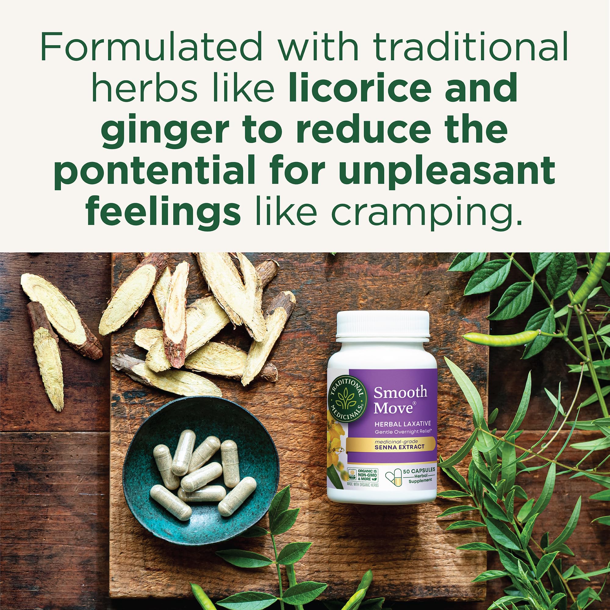 Traditional Medicinals Smooth Move capsules bottle side, highlighting non-GMO and organic certification