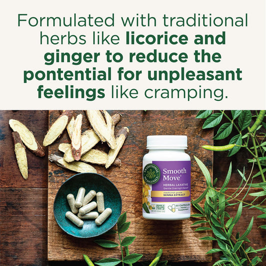 Traditional Medicinals Smooth Move capsules bottle side, highlighting non-GMO and organic certification