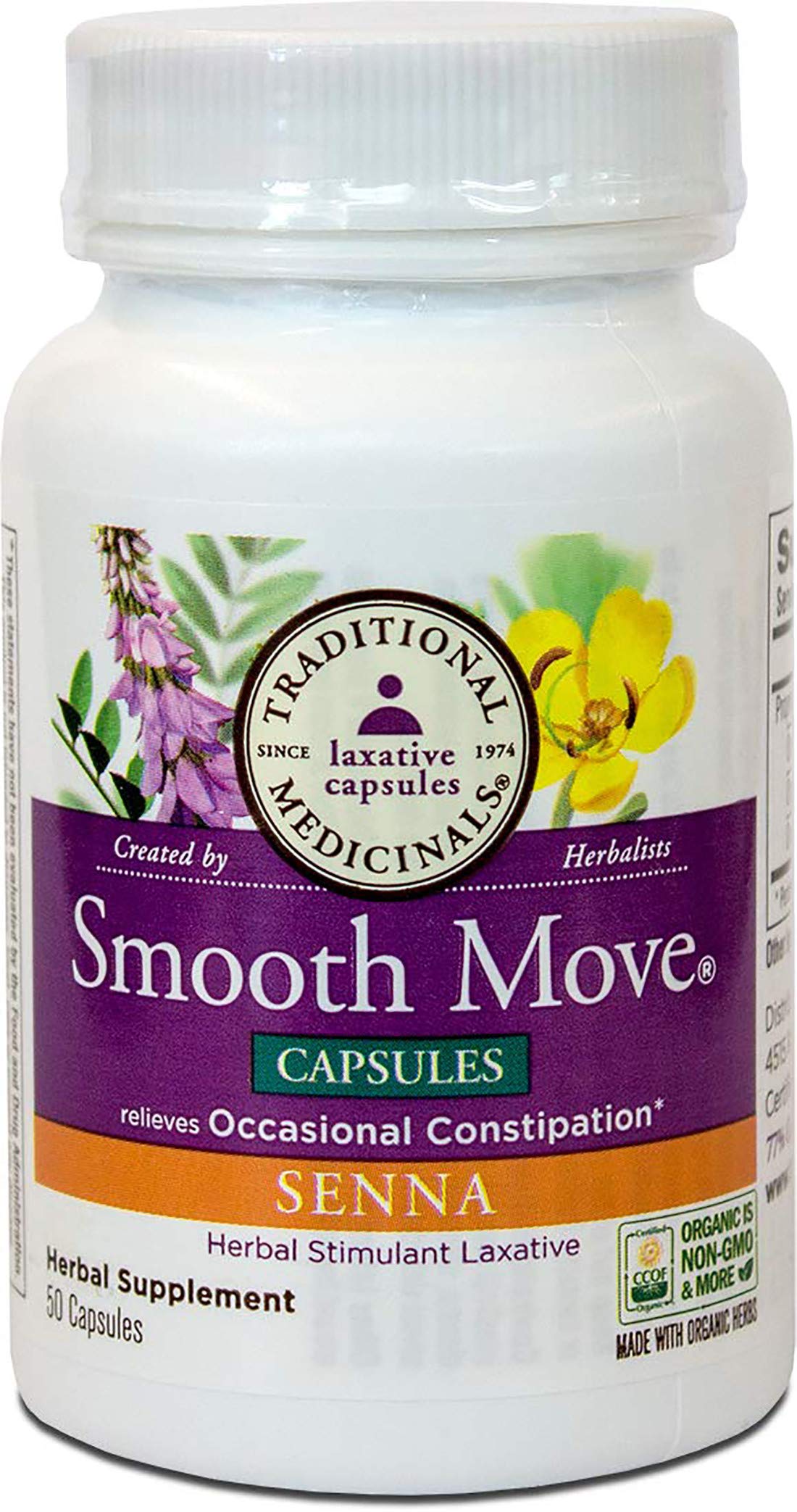 Traditional Medicinals Smooth Move Senna capsules spilling from bottle