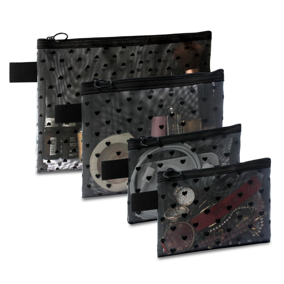 TRAKWAN heart-printed mesh makeup bag set in black, ideal for on-the-go organization