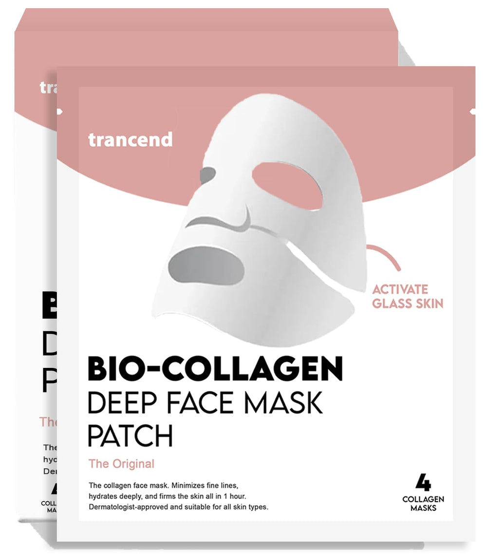 Trancend Real Deep Collagen Face Mask packaging showcases hydrogel sheet hydration.