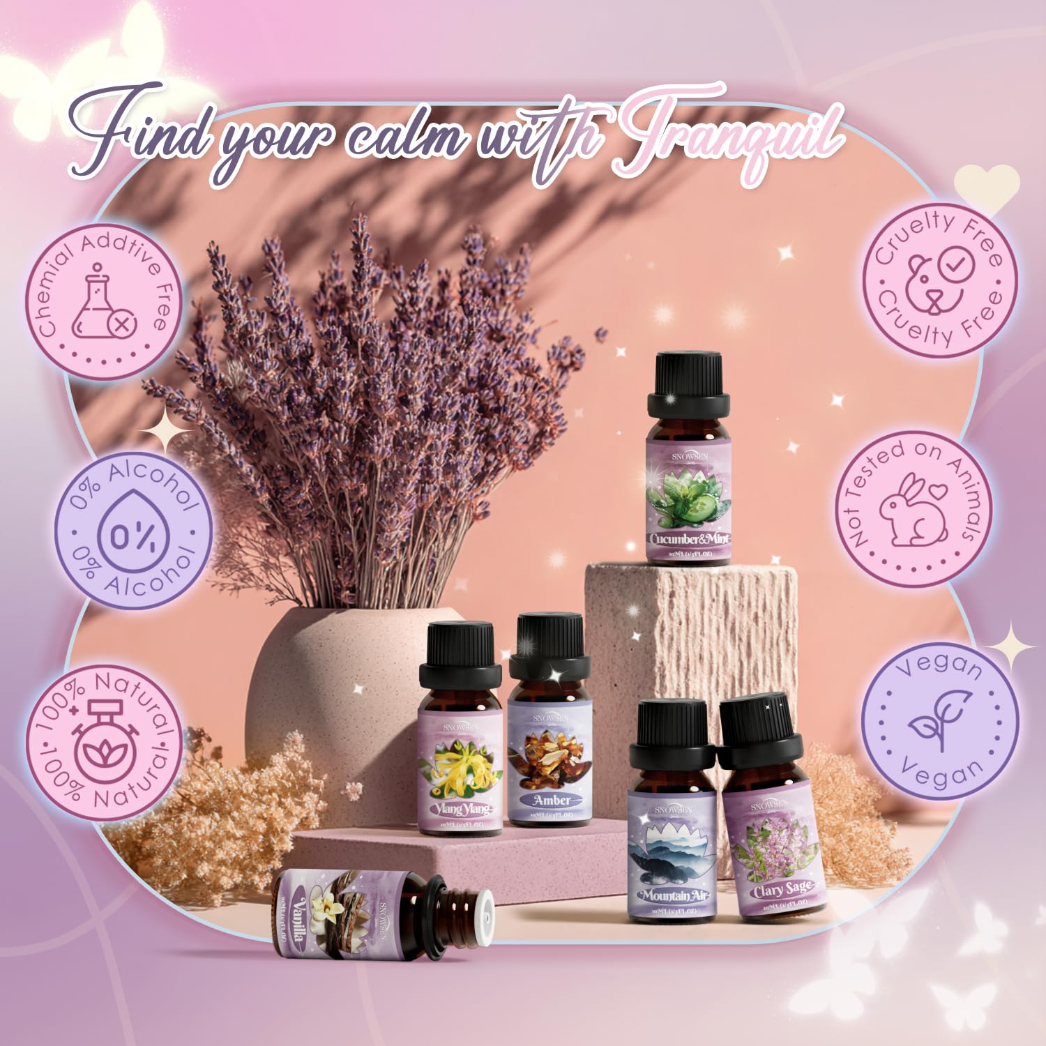 Six essential oil bottles arranged for the Tranquil set