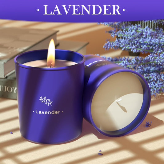 Close-up of lavender candle with cotton wick