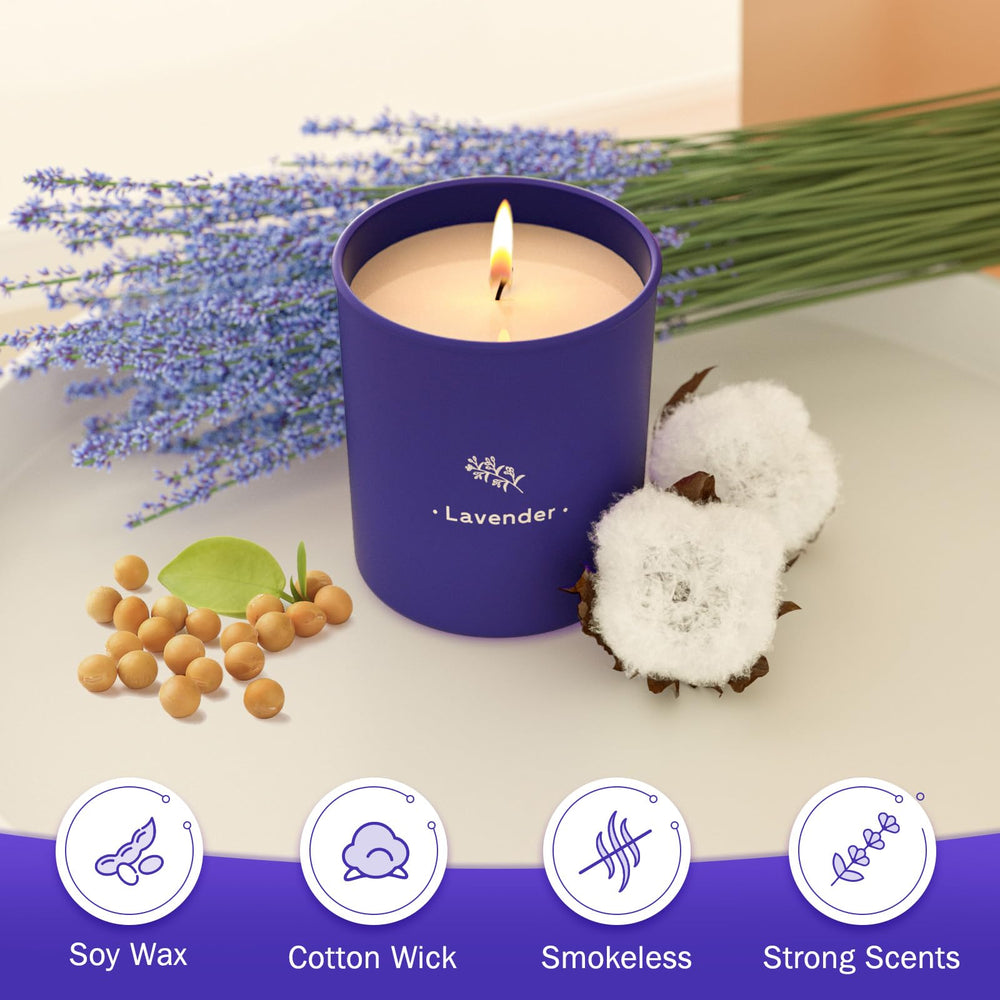 8 oz lavender candle burning with clean, even flame