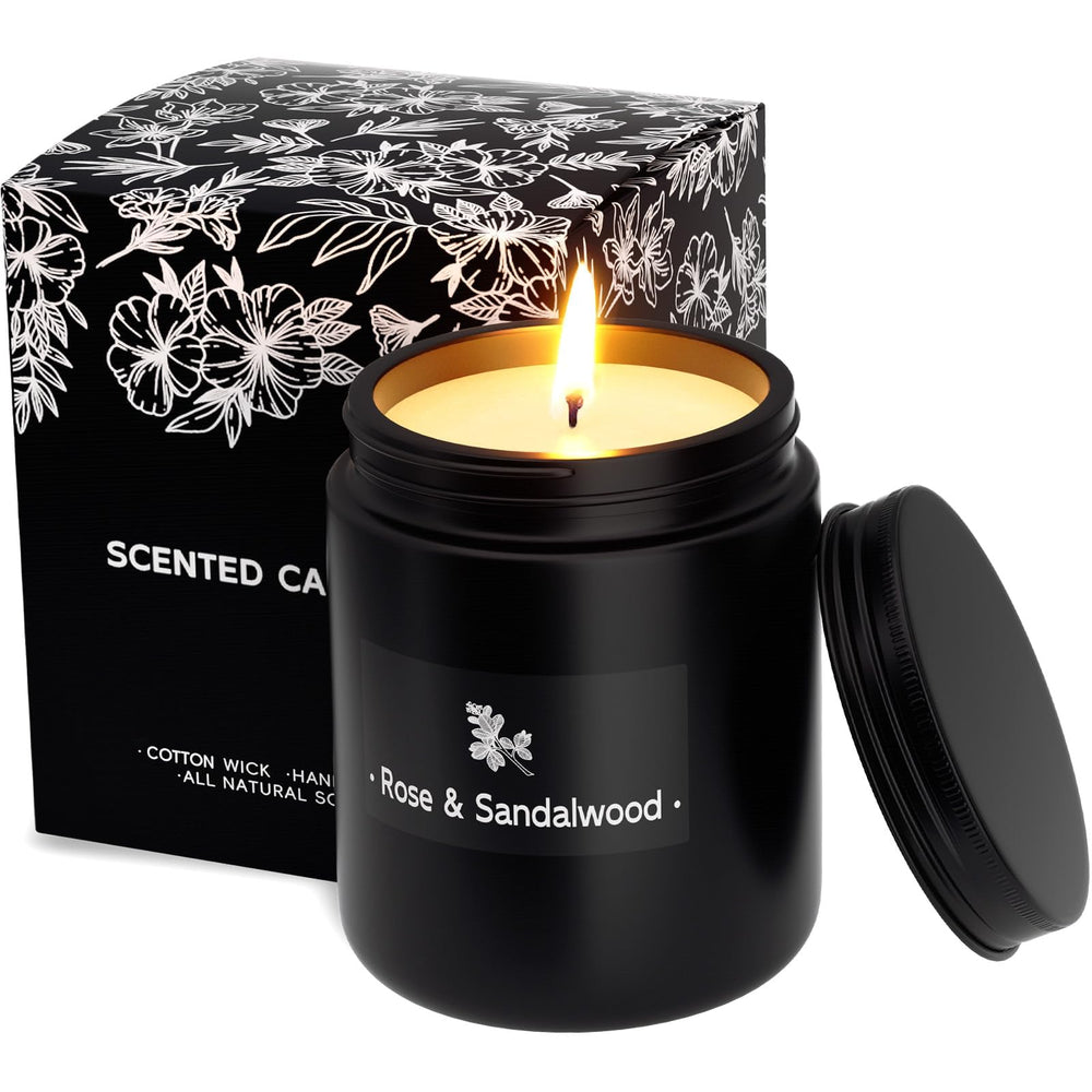 TranquilBliss Rose & Sandalwood black 7.6oz soy candle in jar