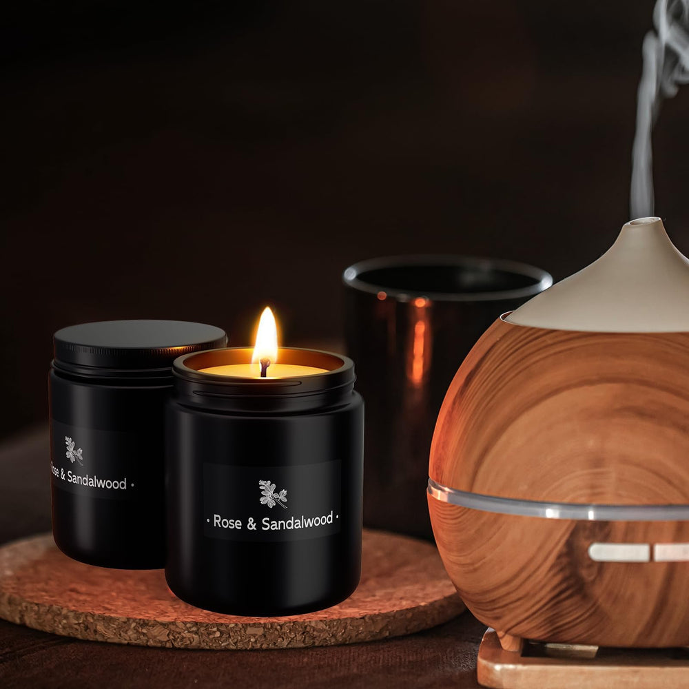 Bedroom scene with TranquilBliss Rose & Sandalwood candle