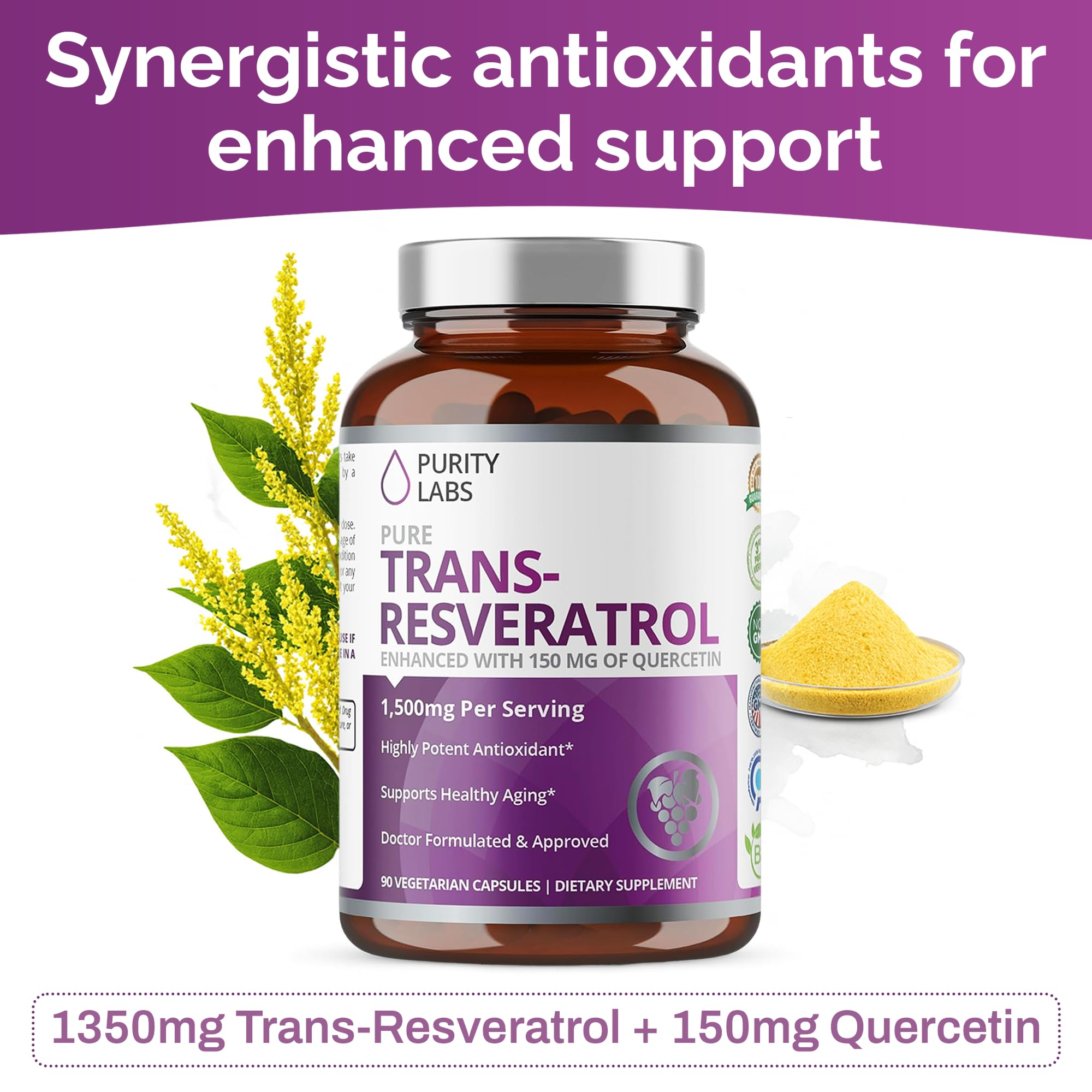 Close-up of capsules showing Trans-Resveratrol and Quercetin