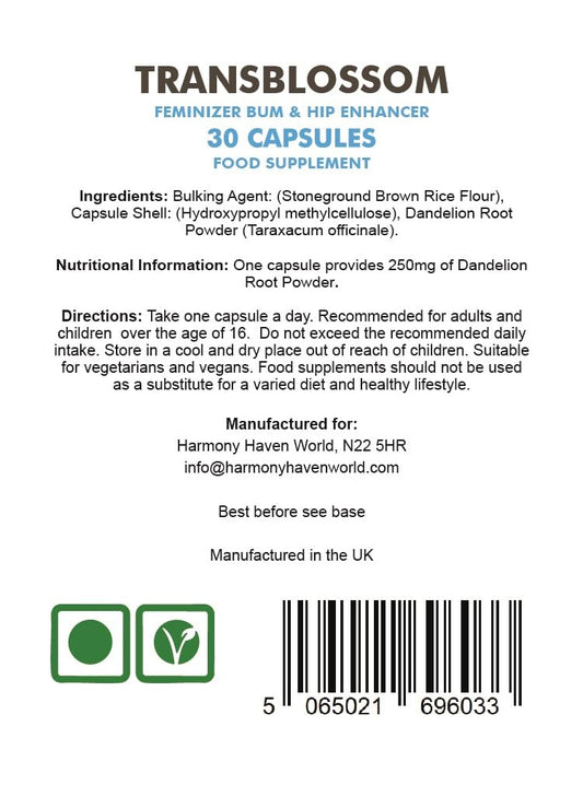 Close-up of the TransBlossom supplement bottle label