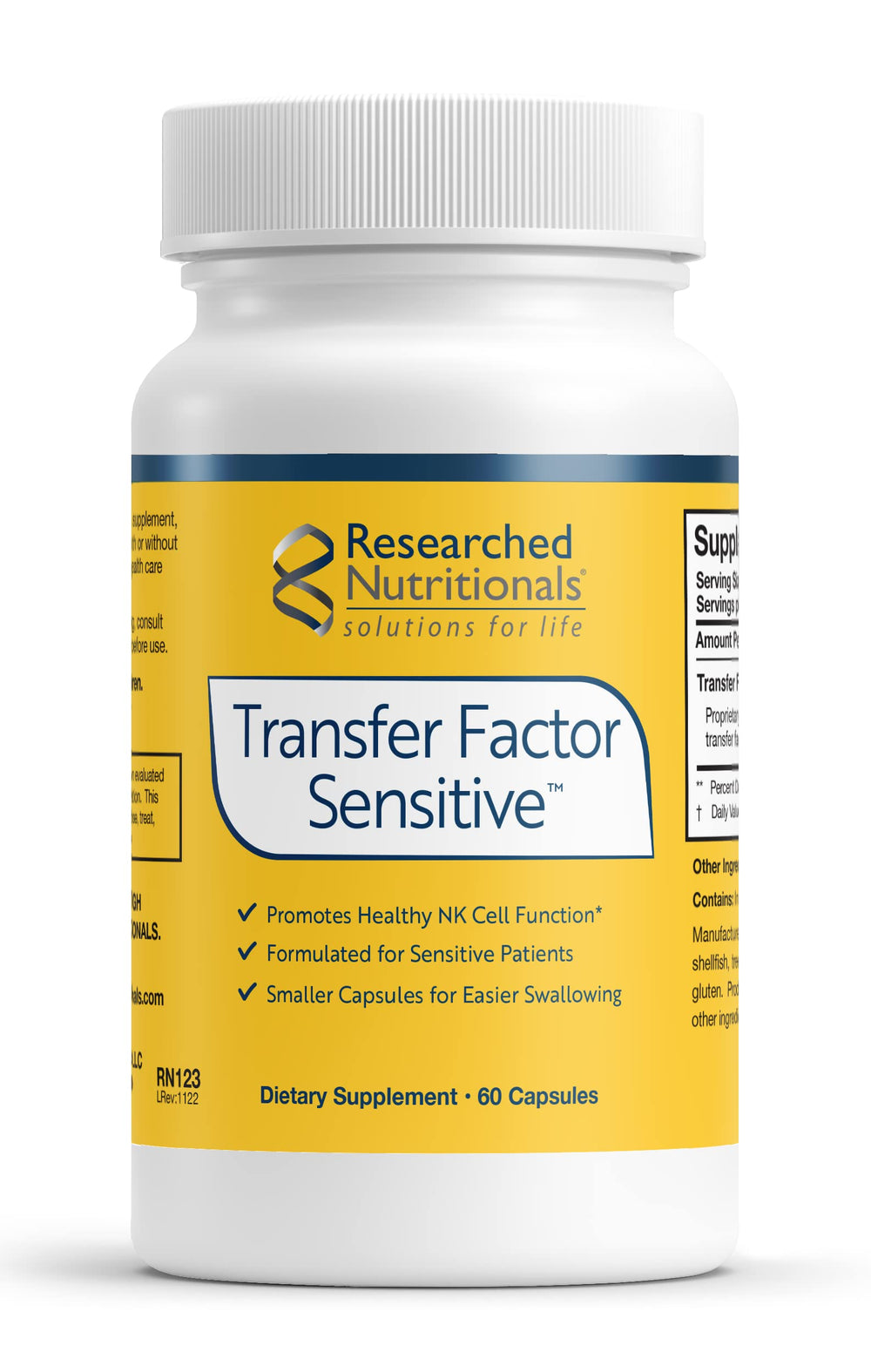 Front view of Researched Nutritionals Transfer Factor Sensitive bottle with label