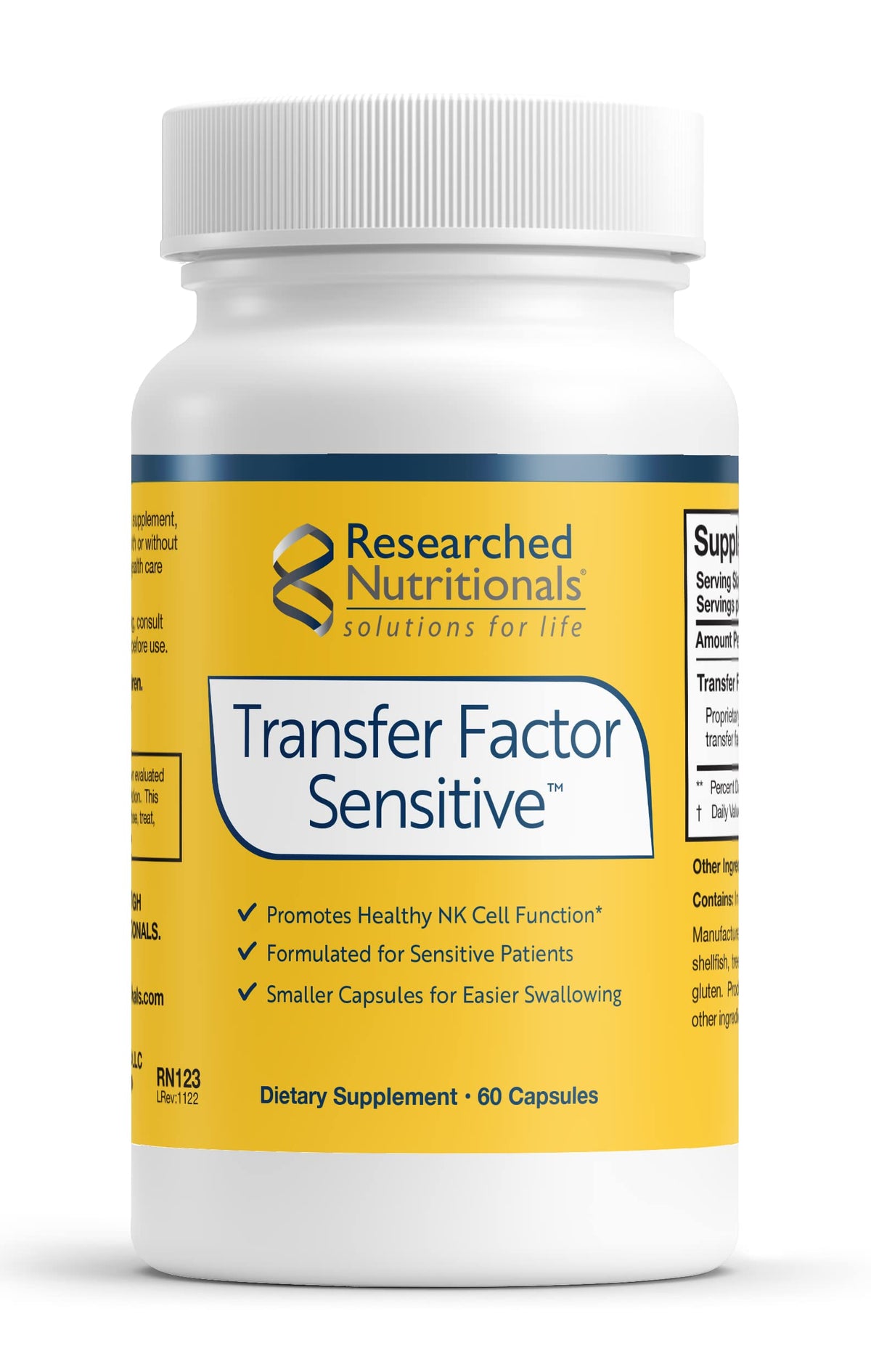 Front view of Researched Nutritionals Transfer Factor Sensitive bottle with label
