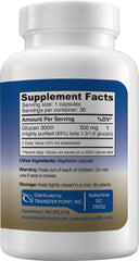 Transfer Point beta glucan bottle label shows pure, additive-free formula for clean immune support