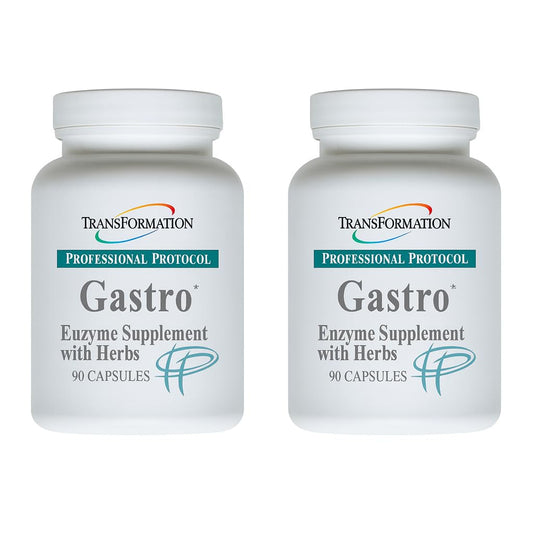 Two-pack of Gastro Enzyme Supplement bottles (60 capsules each) for digestive relief