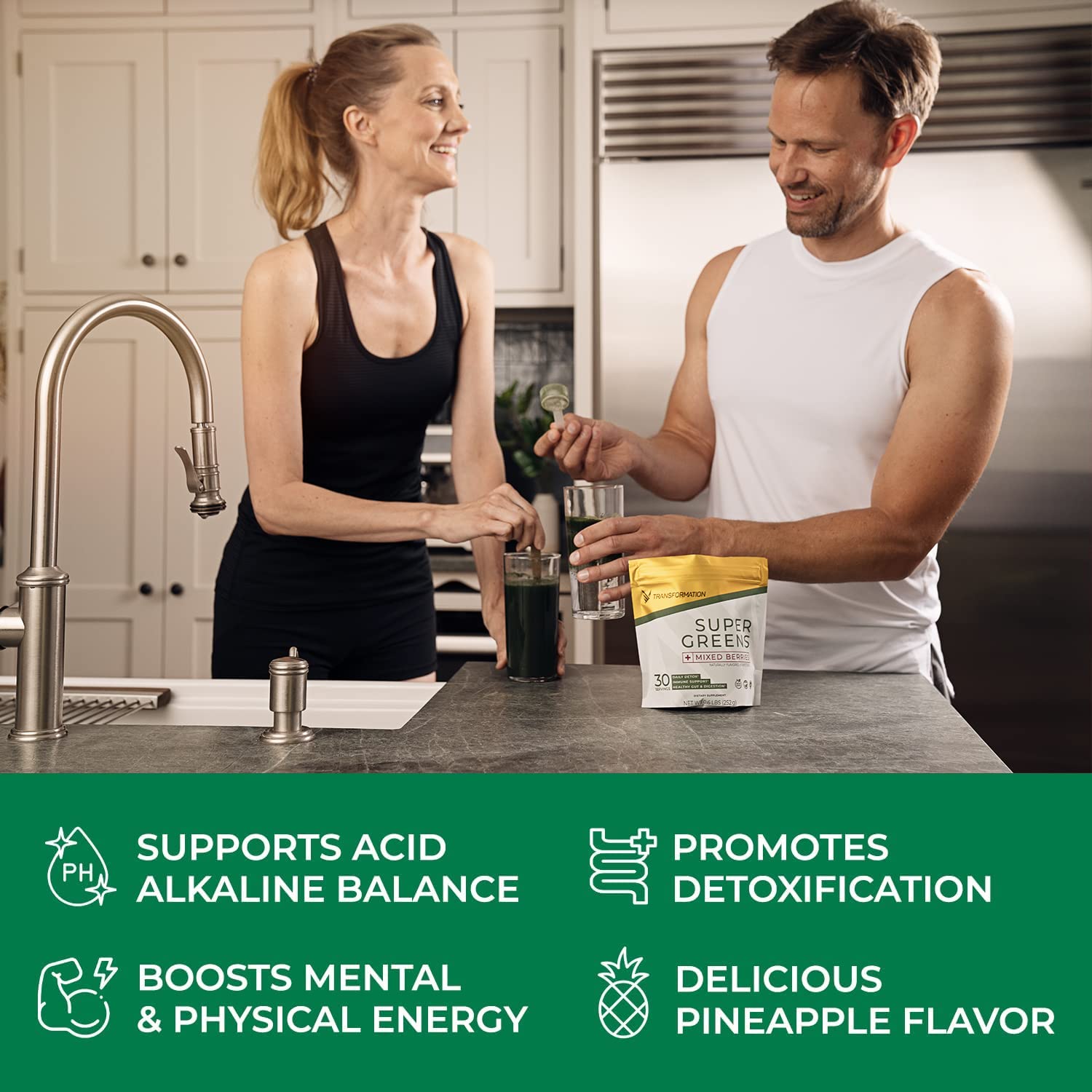 Daily immune and energy support with Transformation Super Greens powder usage