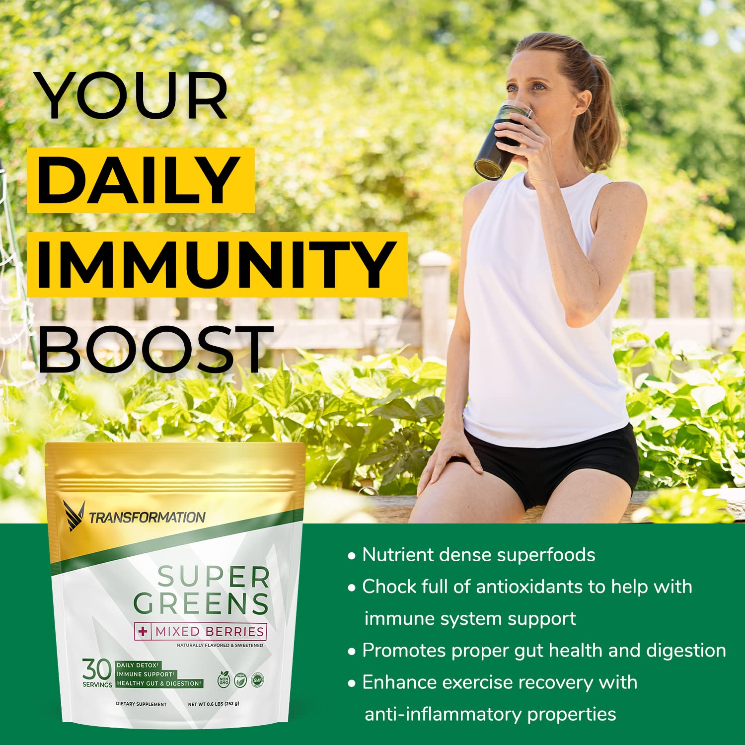 Wheatgrass, spinach and alfalfa in Transformation Super Greens powder