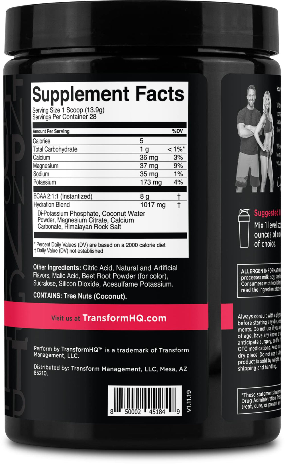 Supplement facts for TransformHQ BCAA Raspberry Lemonade