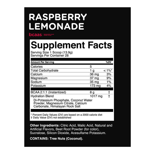Close-up of BCAA 2:1:1 nutrition facts for TransformHQ Raspberry Lemonade