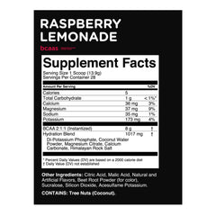 Close-up of BCAA 2:1:1 nutrition facts for TransformHQ Raspberry Lemonade