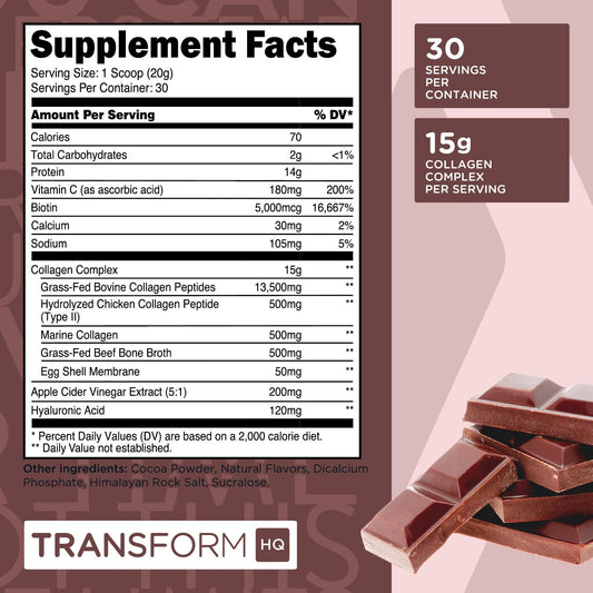 Front view of TransformHQ Beauty Collagen Chocolate container