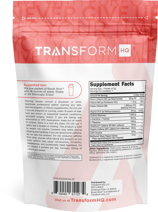 Close-up of TransformHQ Boost Shot packets showing Rocket Pop flavor