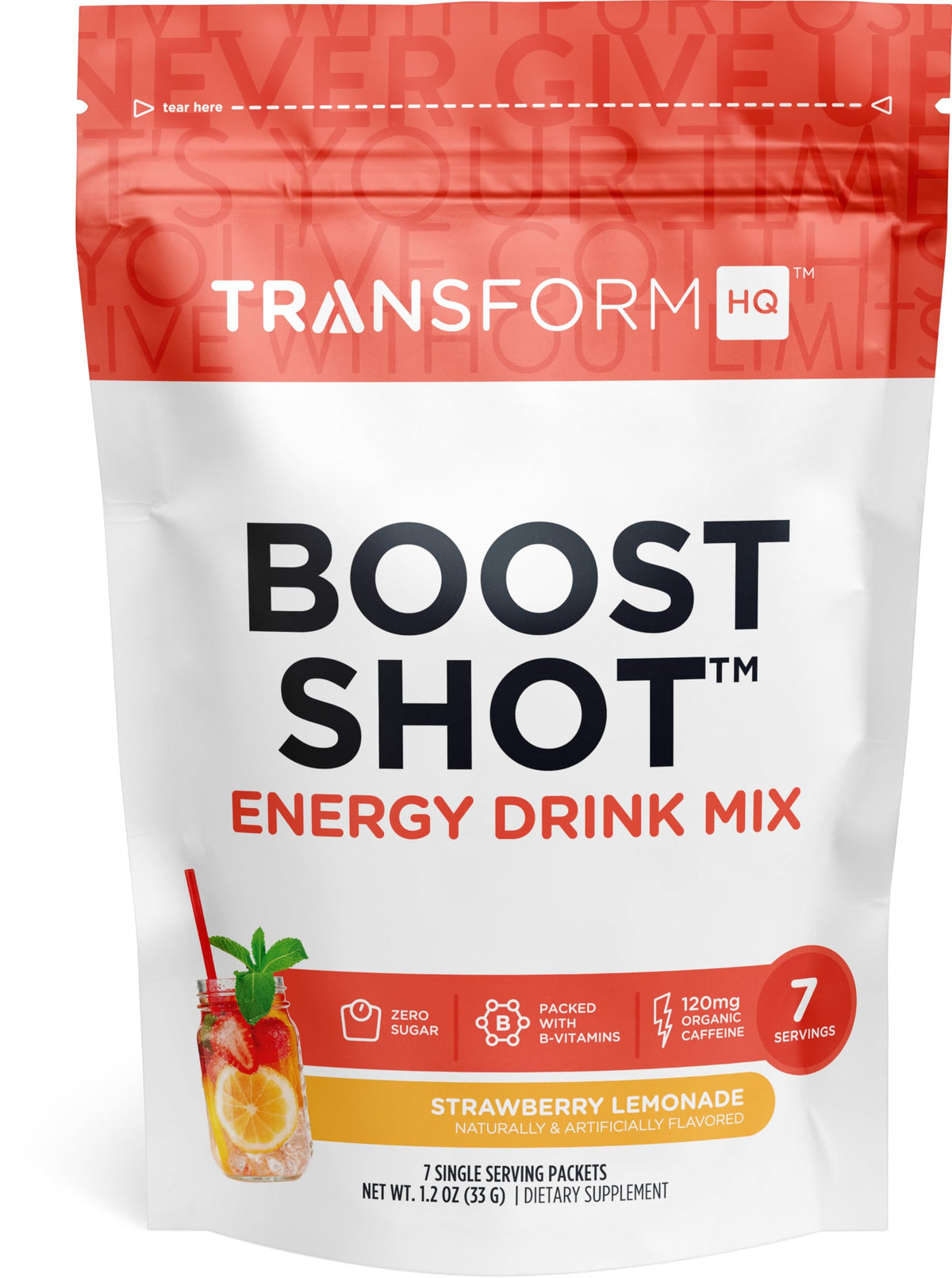TransformHQ Boost Shot Powder Drink Sticks Strawberry Lemonade 7 Pack – front view