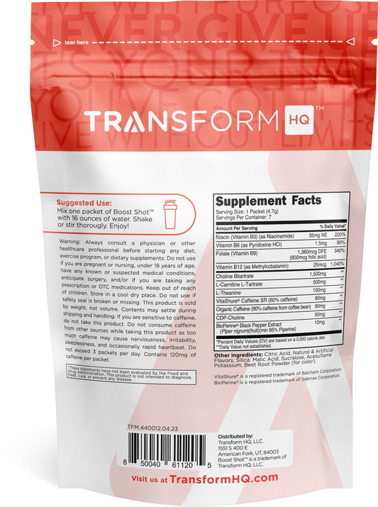Close-up of TransformHQ Boost Shot powder packets in strawberry lemonade flavor