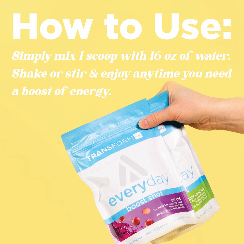 Ingredients and vitamins in TransformHQ Boost Shot (B3, B6, B9, B12)