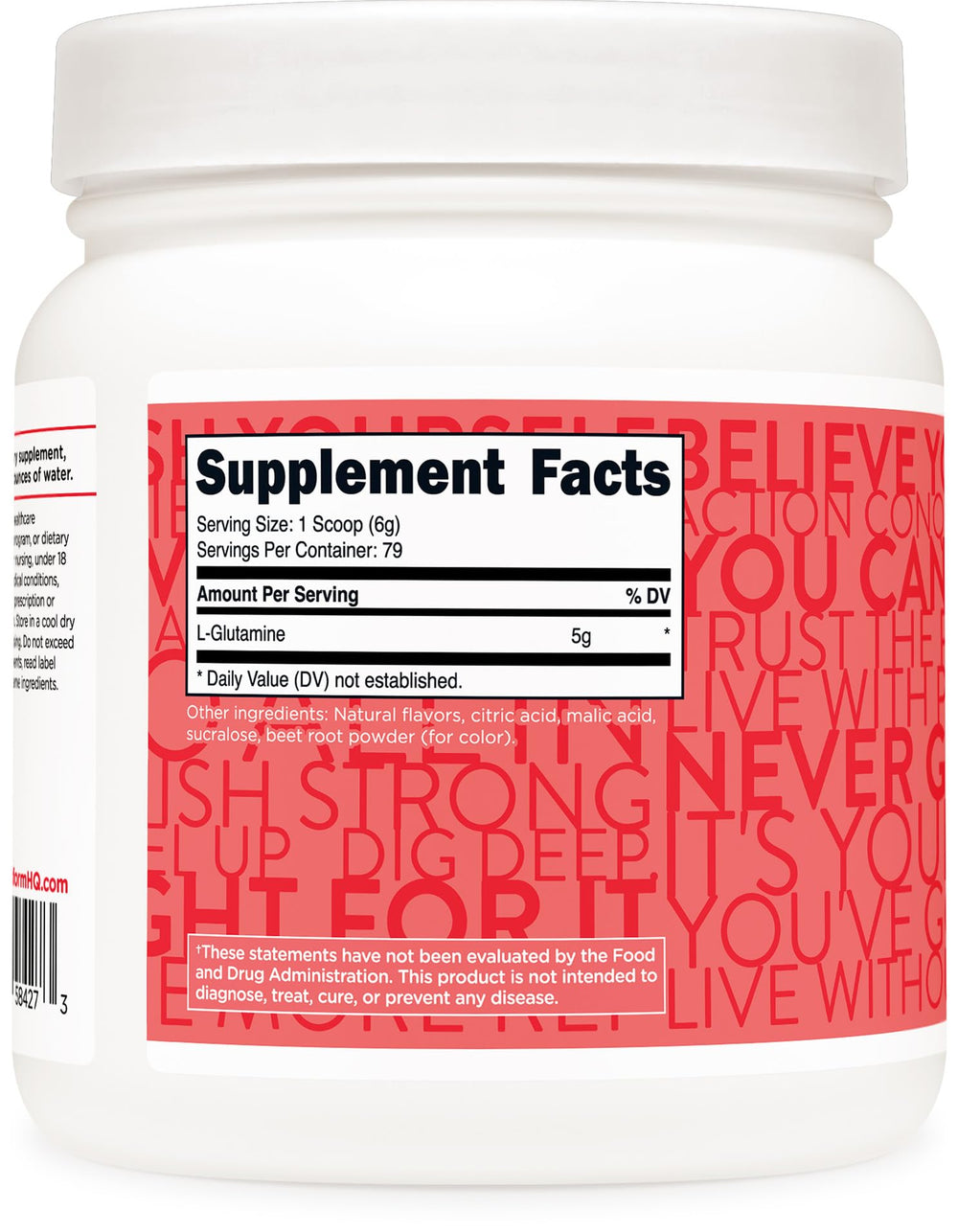 TransformHQ L-Glutamine Powder Strawberry Lemonade 500g jar on table