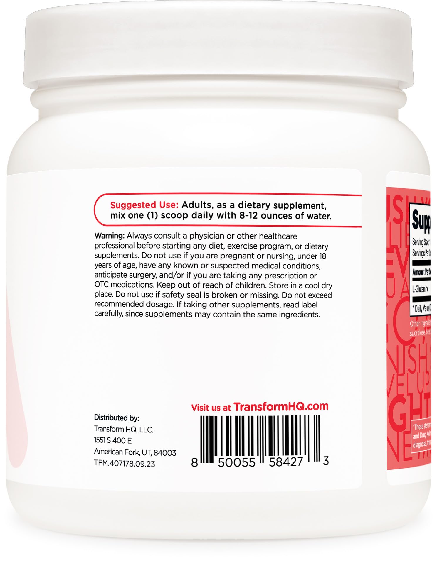 TransformHQ L-Glutamine Powder Strawberry Lemonade 500g label close-up