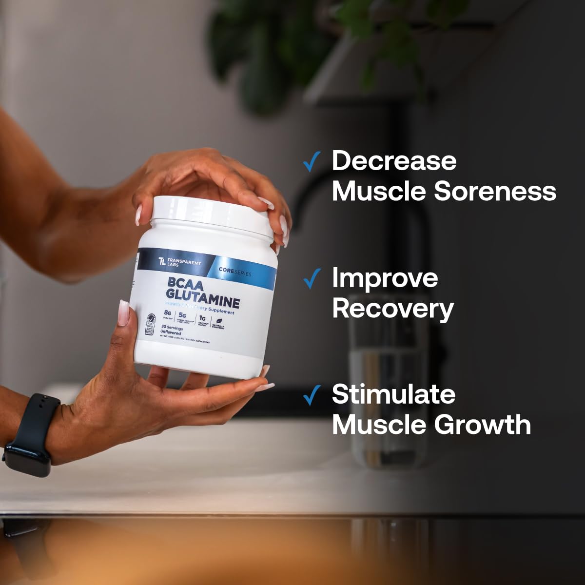 Transparent Labs BCAA Glutamine setup on gym bench after training