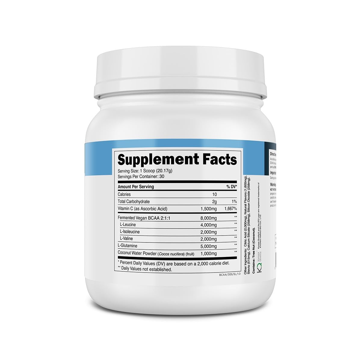 Transparent Labs BCAA Glutamine ingredients list showing vegan-friendly formula
