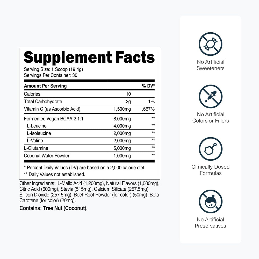 Container of BCAA Glutamine with Tropical Punch flavor