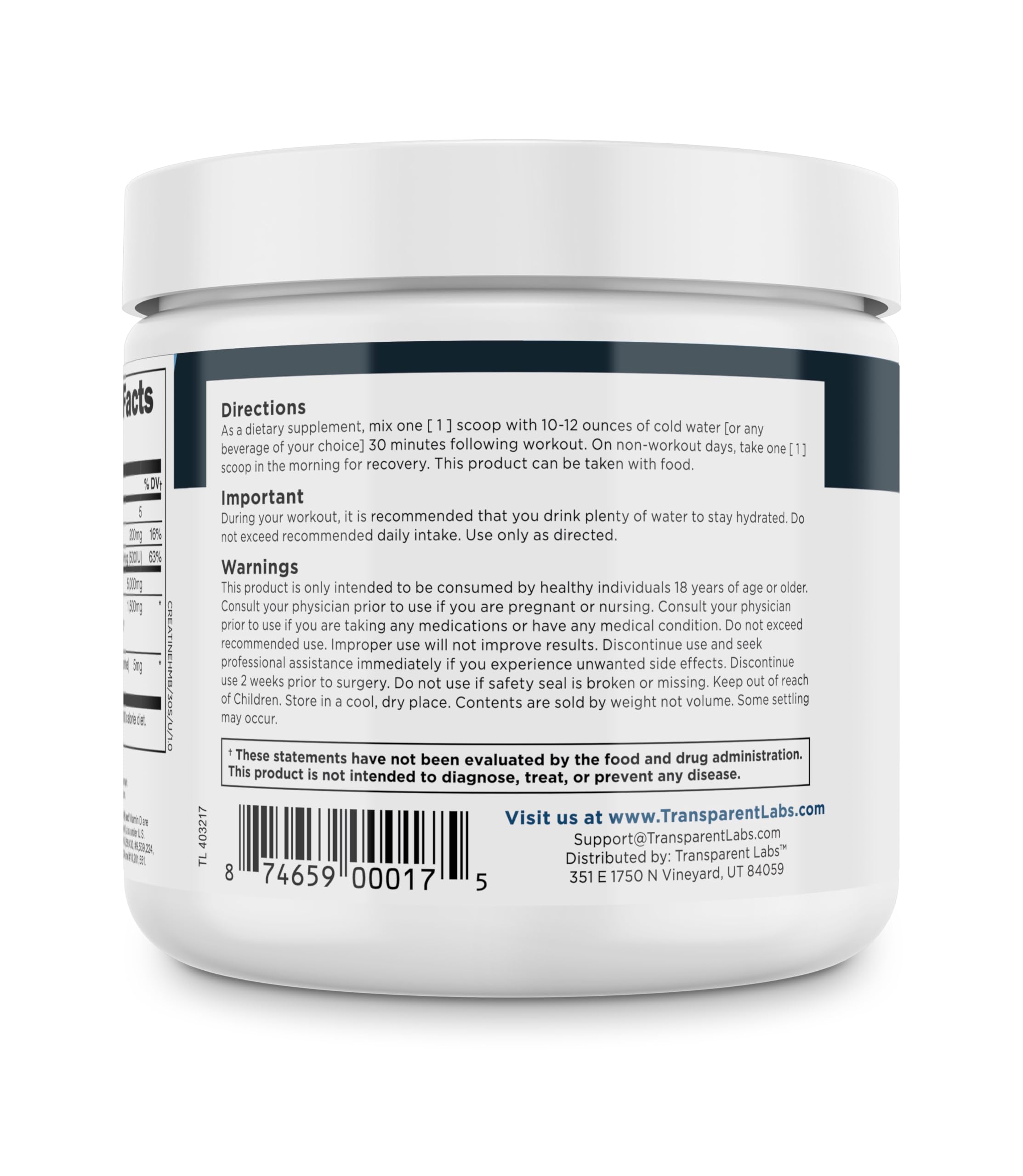 Close-up of the Creatine HMB label showing '30 servings' and 'unflavored'