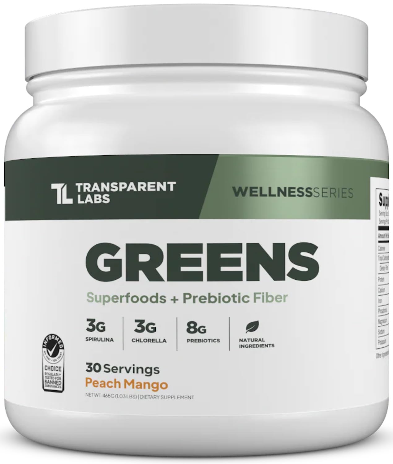Transparent Labs Prebiotic Greens Peach Mango bottle with scoop