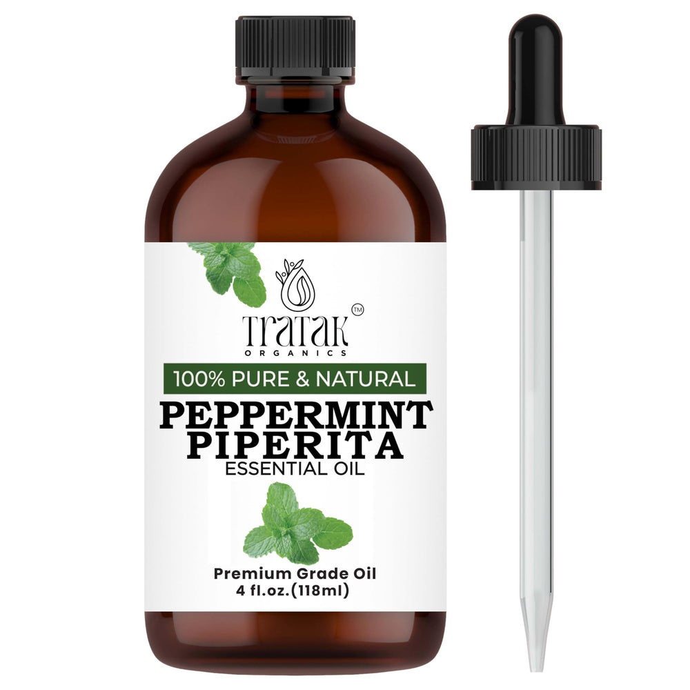 Bottle of Tratak Organics Peppermint Piperita Essential Oil 4 fl oz with dropper