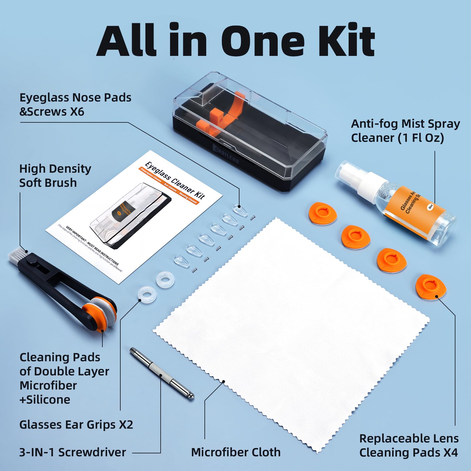Portable travel case with glasses cleaning kit accessories