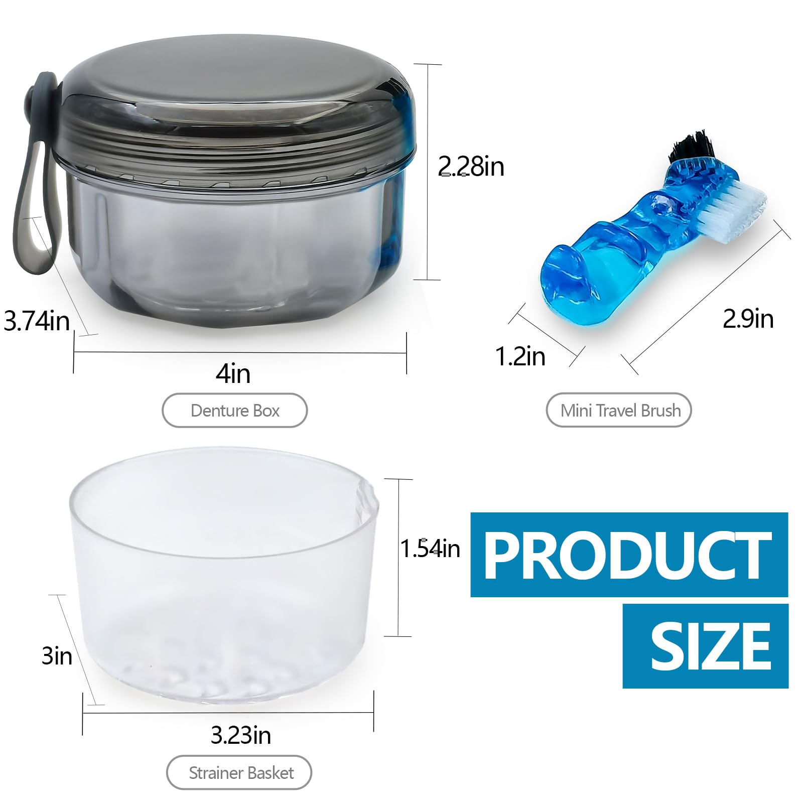 Travel denture bath case with attached brush in transparent black
