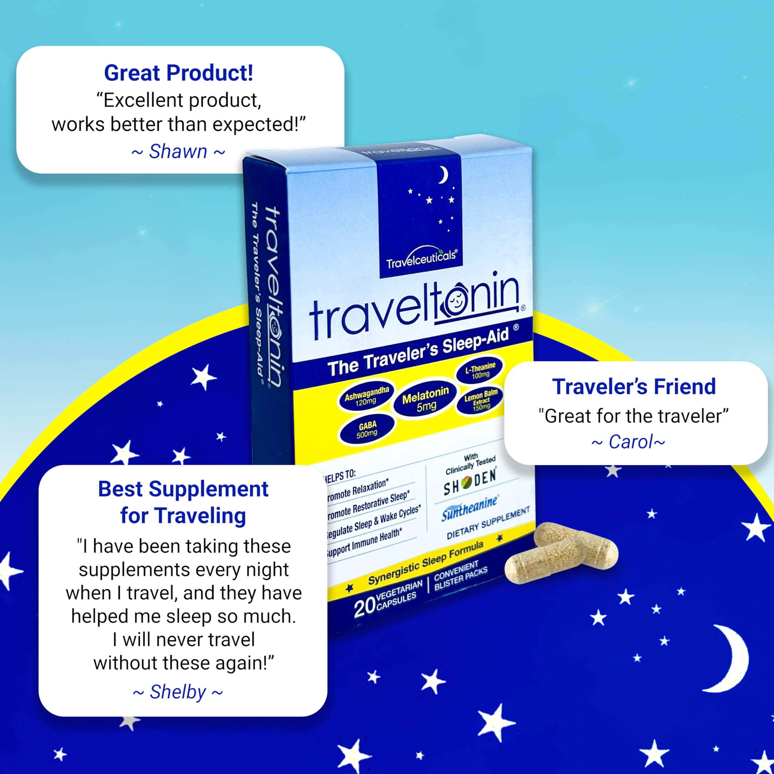 Travel Essentials: Travel Sleep Aid packaging with luggage
