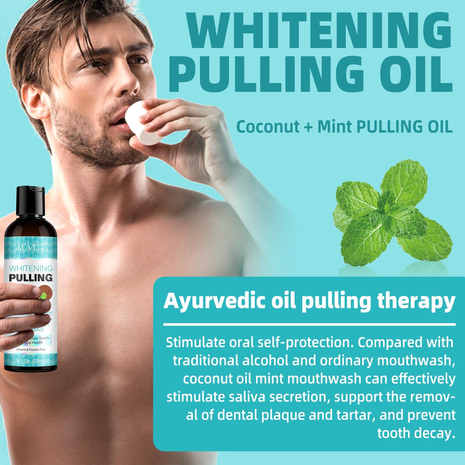 Travel-friendly coconut oil pulling mouthwash with tongue scraper