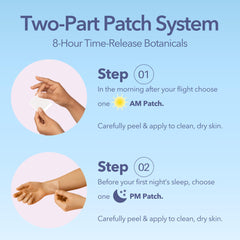 Jet Lag AM & PM patches shown in travel kit