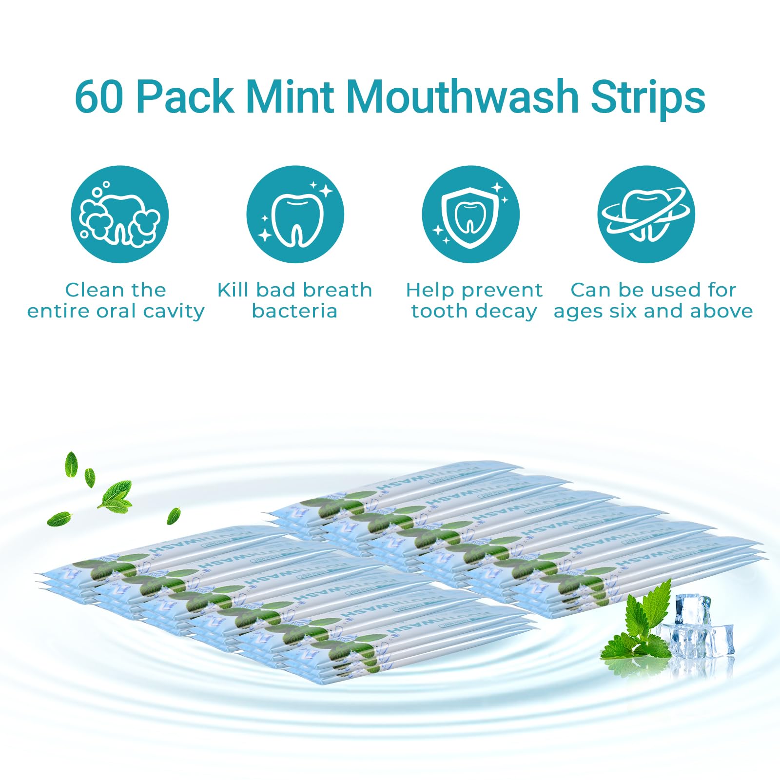 Front view of packaging with 60 individually wrapped mouthwash packets