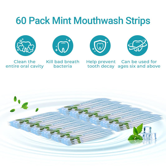 Front view of packaging with 60 individually wrapped mouthwash packets