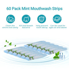 Front view of packaging with 60 individually wrapped mouthwash packets