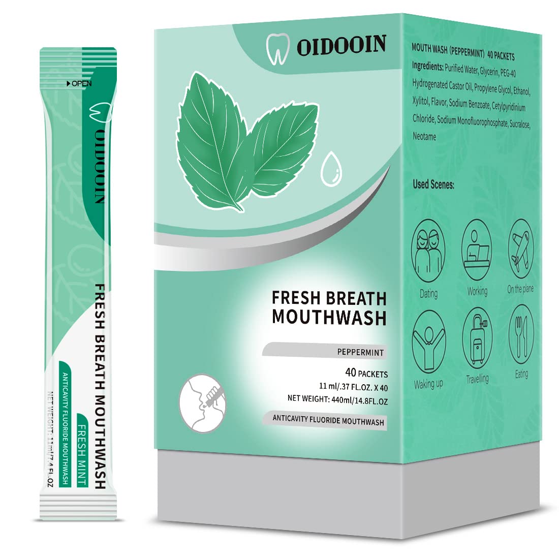 Pack of 40 travel-size mouthwash sachets, 0.4 fl oz each